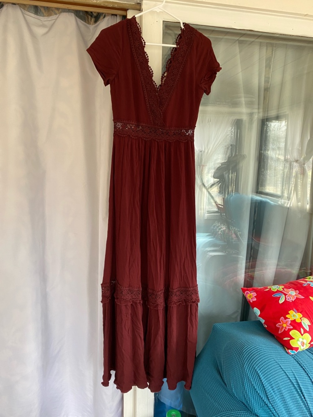 Altar'd State Burgundy Lace-Trim Maxi Dress